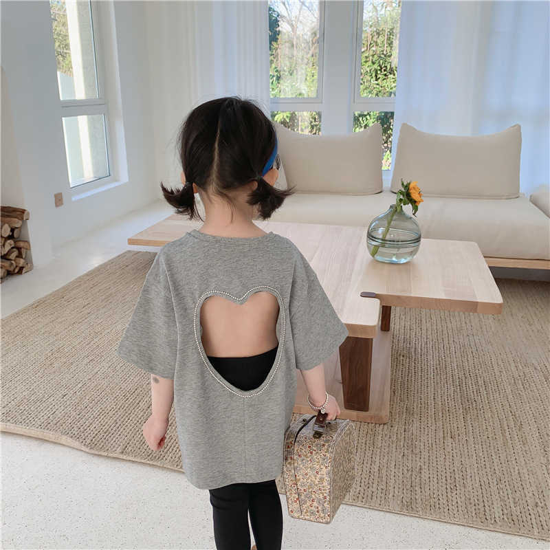 

Girls summer fashion backless loose long style T shirts cotton back heart-shaped hollow casual Tees 210615, White