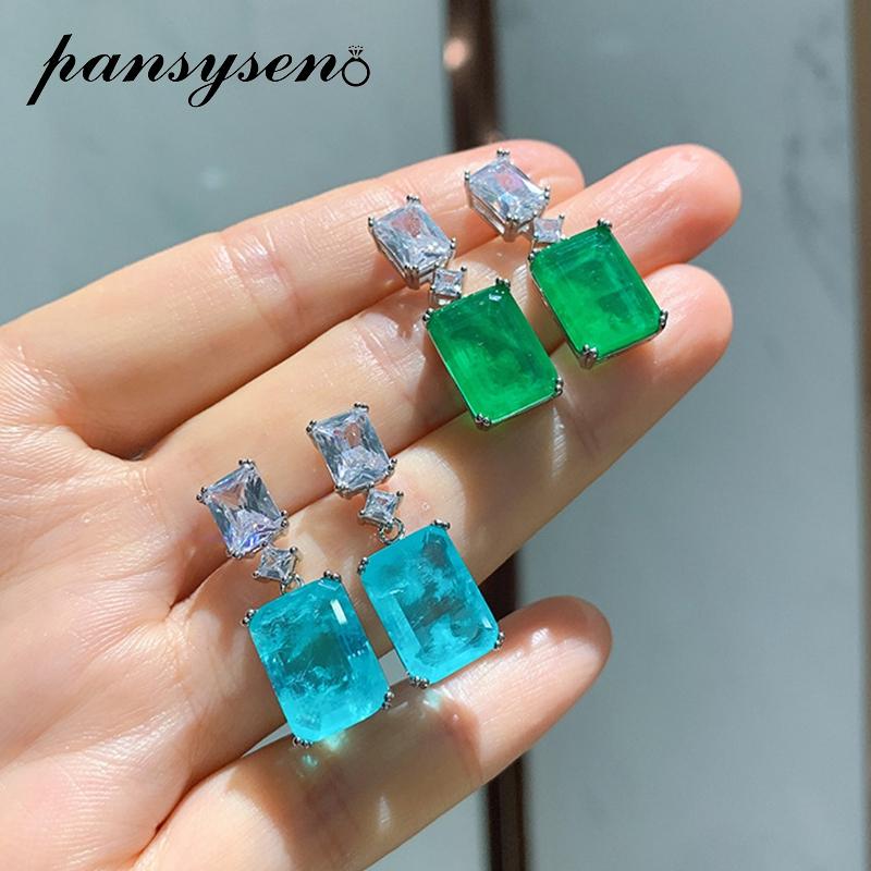

PANSYSEN Vintage Real 925 Sterling Silver Paraiba Tourmaline Emerald Diamond Gemstone Dangle Drop Earrings Women Fine Jewelry