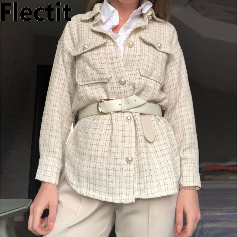 

Flectit Women Tweed Shirt Jacket Overshirt Pearl Button Flap Pocket Lapel Collar Long Sleeve Shacket * Q0119, Black;brown