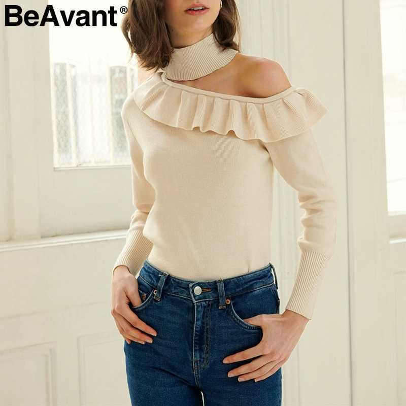 

BeAvant Chic halter ruffled women sweater Long sleeve hollow out pullover female jumper Autumn winter ladies sweaters pull femme 210709, Yellow