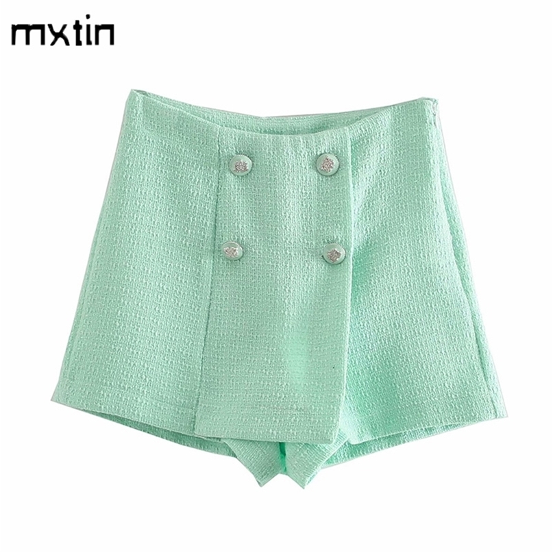 

Women Vintage With Double Buttons Solid Tweed Shorts Skirts Fashion Spring High Waist Side Zipper Female Skort Mujer 210722, As picture