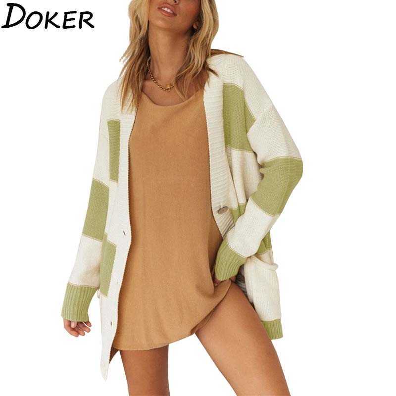 

Autumn Winter Plaid Sweater Cardigan Women Long Sleeve V Neck Loose Vintage Ladies Casual Coat Korean Knit Cardigans 210604, Green