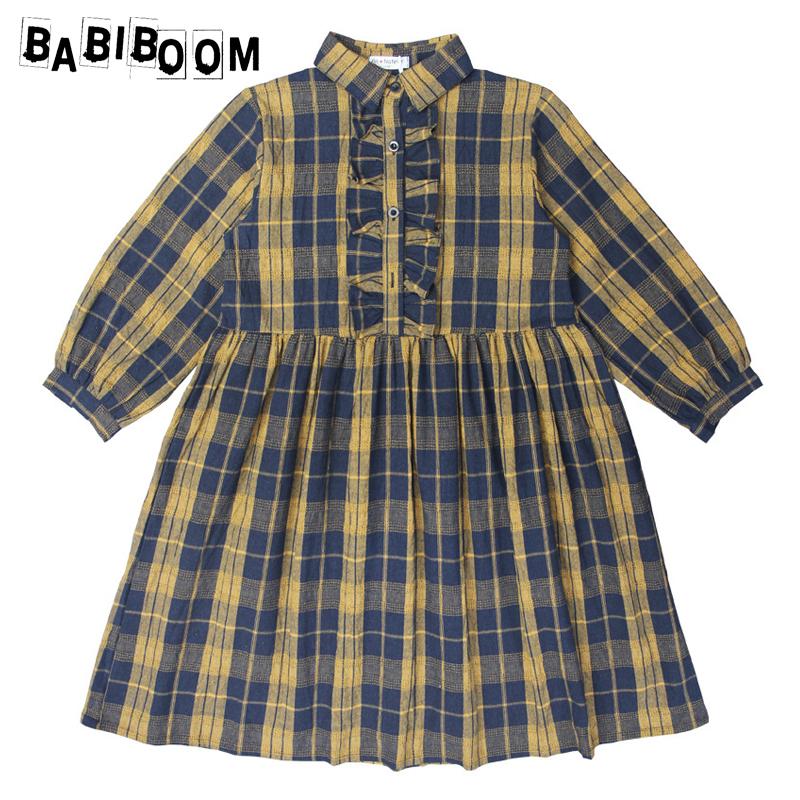 

Autumn Baby Girl's Ruched Plaid Print Dress Children Long Sleeve England Style Dress for Teenage Sisters Twins Casual Clothes, Blue-yellow