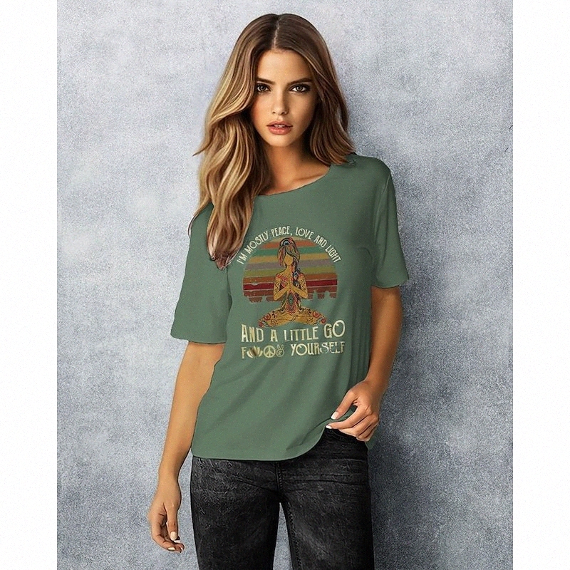 dresswel damen im mostly peace love and light and a little go yoga t-shirt lustiges retro vintage yoga shirt R1Vf#