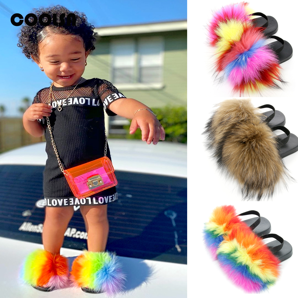 

Summer Children Fur Slippers Kids Fur Slides With Strap Fluffy Fur Flip Flops Flat Elastic Baby Furry Sandals Cute Shoes, As pic