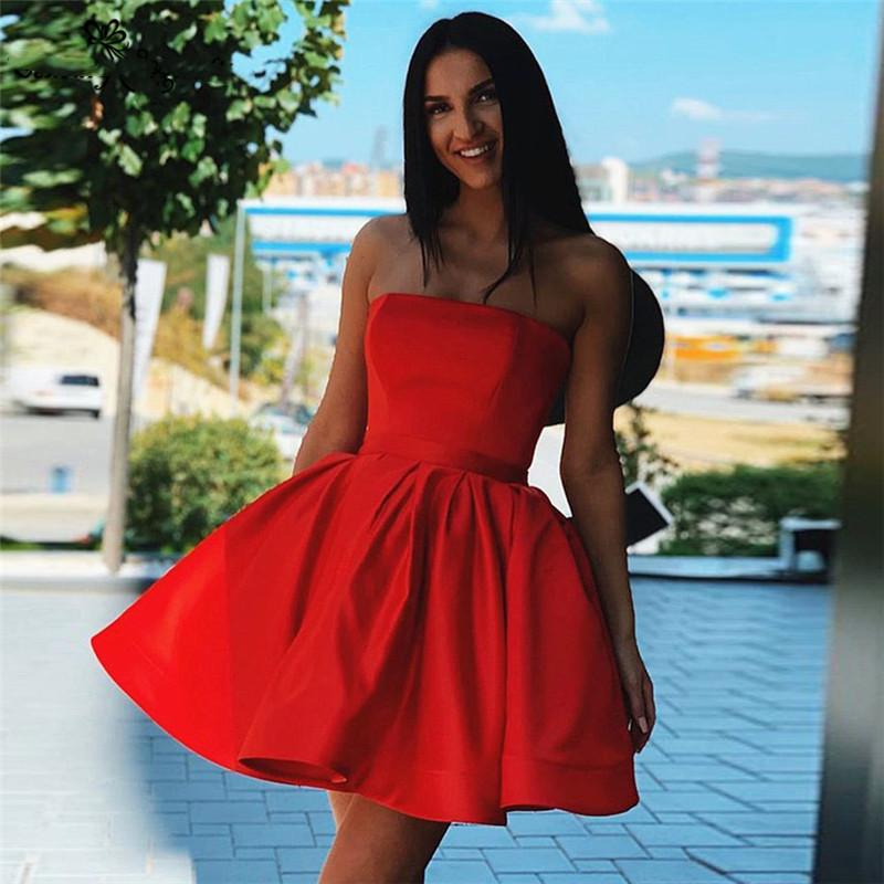 

Party Dresses Red Satin Homecoming Short Above Strapless Lace Up Sexy Prom Gowns Graduation Dress Vestido De Fiesta, Champagne