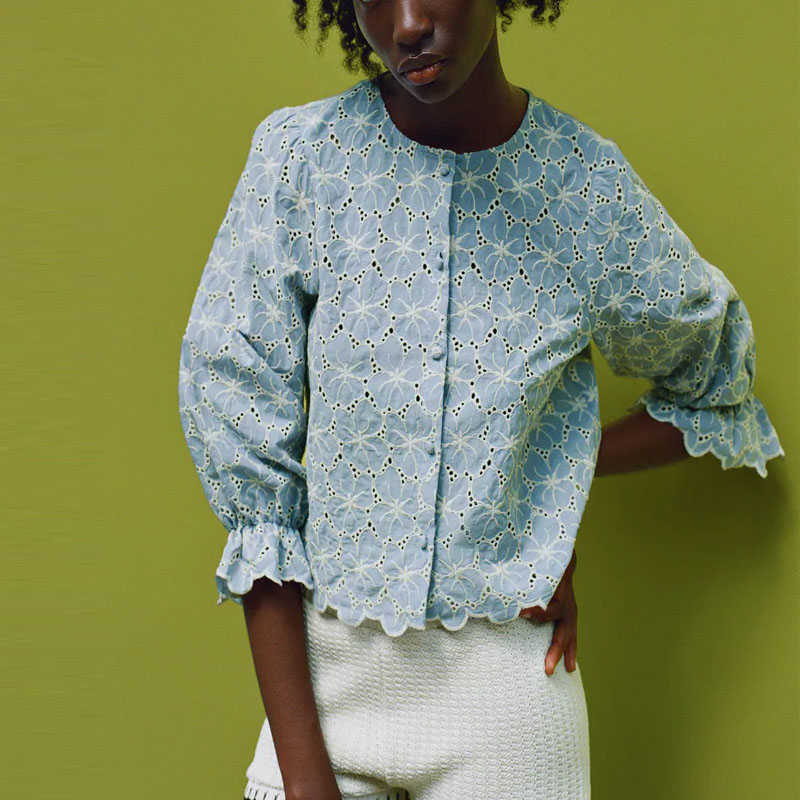 

ZA Blue Summer Embroidery Shirt Women Long Sleeve Openwork Ruffle Elastic Cuffs Vintage Blouses Woman Embroidered Top 210602