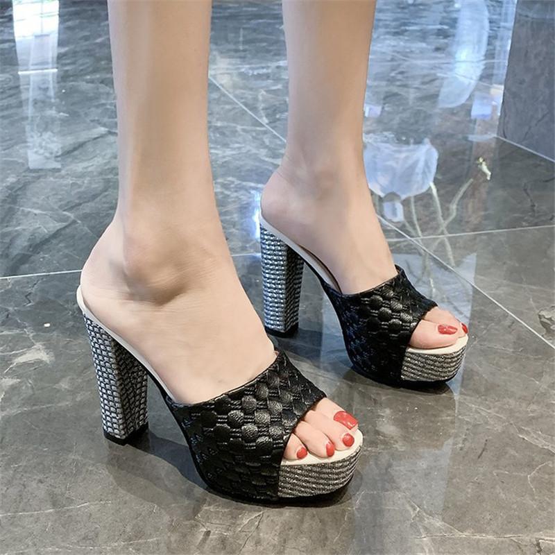 

Slippers Summer Outdoor High Heel Fashion All-Match Sandals Thick Bottom Waterproof Platform Peep Toe Women A788, Black