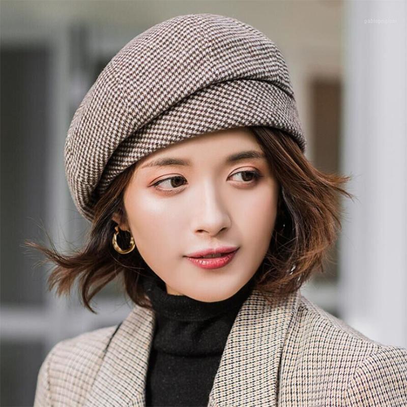 

Berets Fashion Plaid Vintage Octagonal Casual Autumn Girl Cap Panama Women Wool Beret For Elegant Lady Winter Female Cotton Hats, White