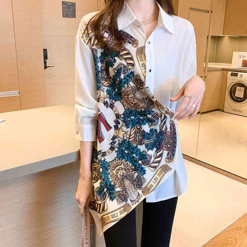 

Vintage Print Blouse Women Office Lady Spliced Tops Patchwork Korean Shirt Long Sleeve White Plus Size Blouses 210603, Beige