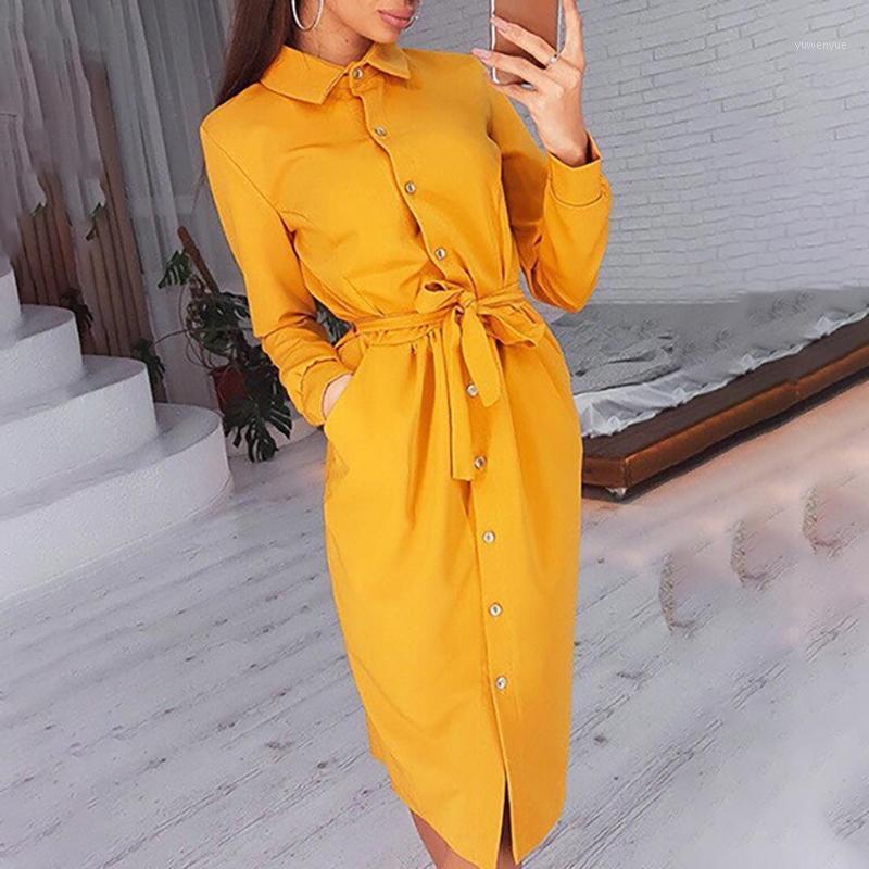

Casual Dresses Shirt Women Spring Summer Sexy Dress Office Buttons Turn-Down Long Sleeve Bandage Elegant Vestidos, Green