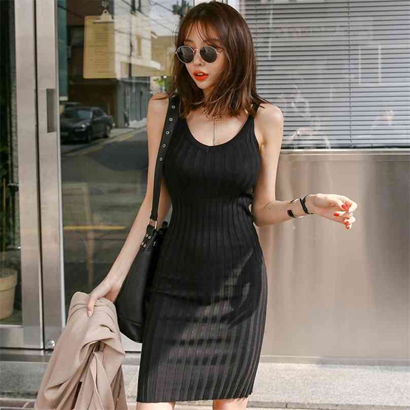 

knitted Midi Dress Ladies Korea Sleeveless V neck Causal Summer Sundress Sexy Party night Dresses for women clothing 210602, Black