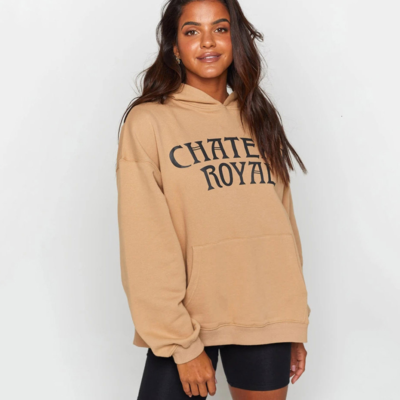 

2021 Letter Print Khaki Cotton Blend Hoodie Sweatshirts Women Girls Drop-shoulder Casual Loose Long Sleeve Autumn Pullovers Gl5e