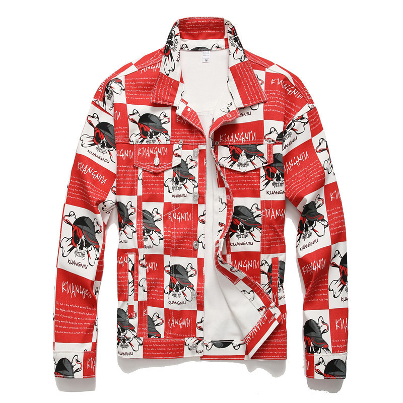 

2021 New Men's Male Casual Skull Letters Printed Jean Jacket Fashion Slim Long Sleeve Red Denim Coat Outerwear Frbj