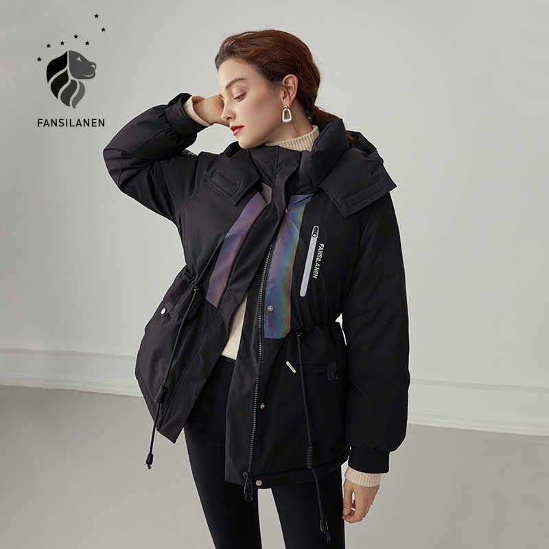 

FANSILANEN Reflective glowing hooded short down jacket Women casual white winter puffer coat Feather thermal black parka 210607