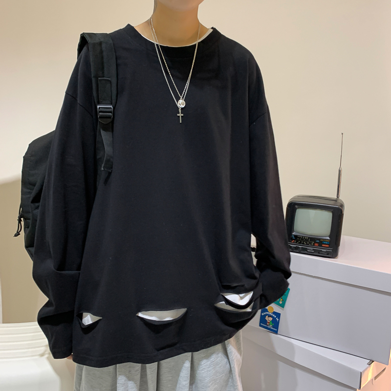 

2021 New Men's Cotton Fashion T-shirt Full Sleeve Mens Spring Tshirts Male Oversized Shirts Casual t Shirt Tee for Man with Hole Gi1k, White