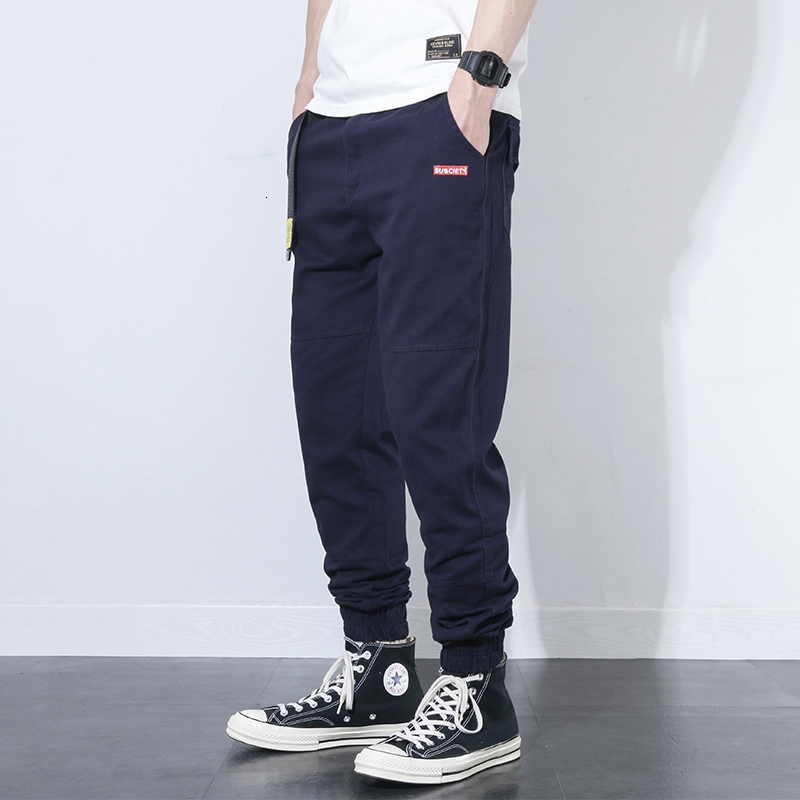 

2021 New Moda Estilo Coreano Brim Dos Homens Emendado Designer De Carga Azul Marinho Casual Harem Streetwear Hip Hop Joggers Calas 989o, Khaki