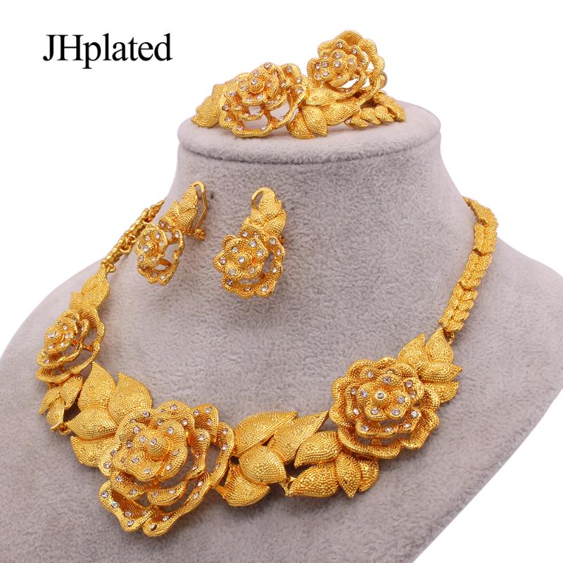 

Earrings & Necklace Dubai Fashion Gold Plated 24K Wedding Gifts Jewellery Pendant Ring Bracelet Bridal Jewelry Sets Set For Women, As pic
