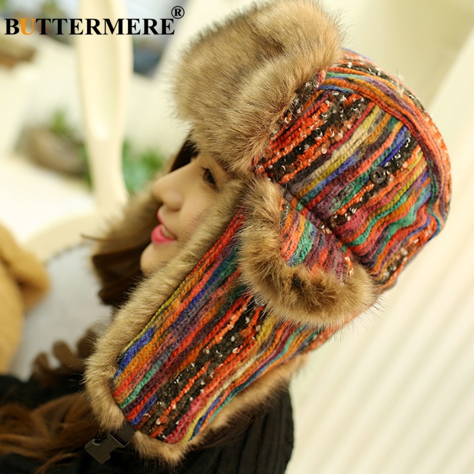 

BUTTERMERE Russian Ushanka Hats With Earflap Women Colorful Bomber Hats Ladies Windproof Snow Thicker Warm Winter Fur Caps 2021g, Colorful hat
