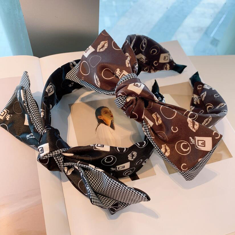 

Korean Vintage Retro Fold Double Layer Bowknot Headbands Women Girls Fashion Designer Letters Print Hair Hoop Wide Edge Twist Turban Hairbands Headwarps, Brown