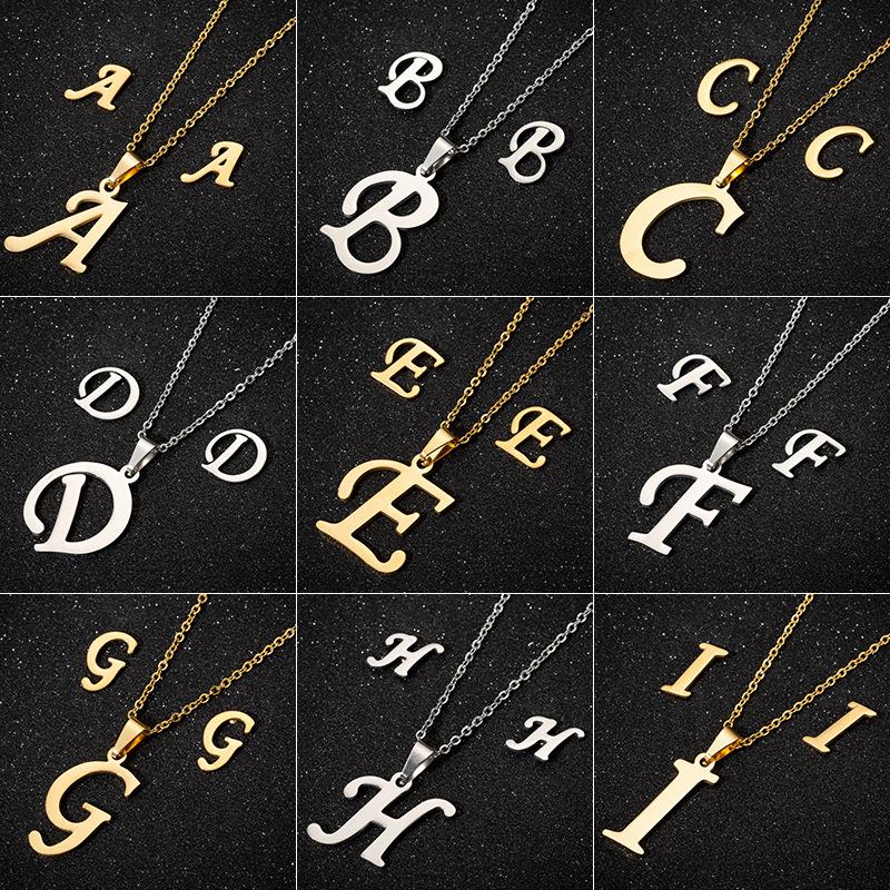 

earrings & necklace european and american retro 26 english letters stainless steel studs three-piece set fashion jewelry for women, Silver