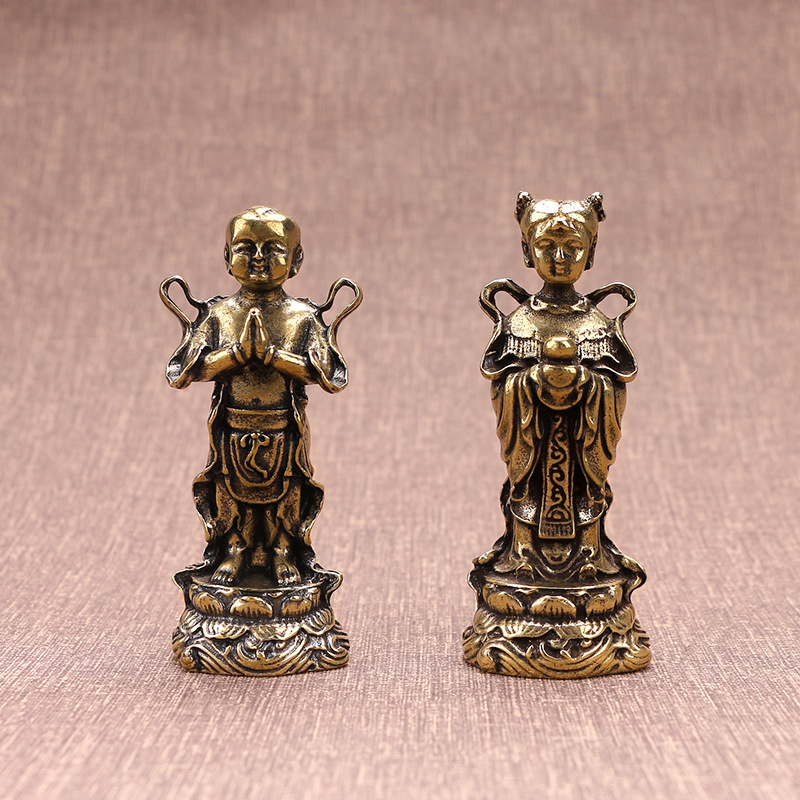 

Pure Copper Golden Girl Jade Girl Ornaments Sudhana Dragon Girl Buddha Statue Boys and Girls Pair Copper Statue Home Ornament Furnishing