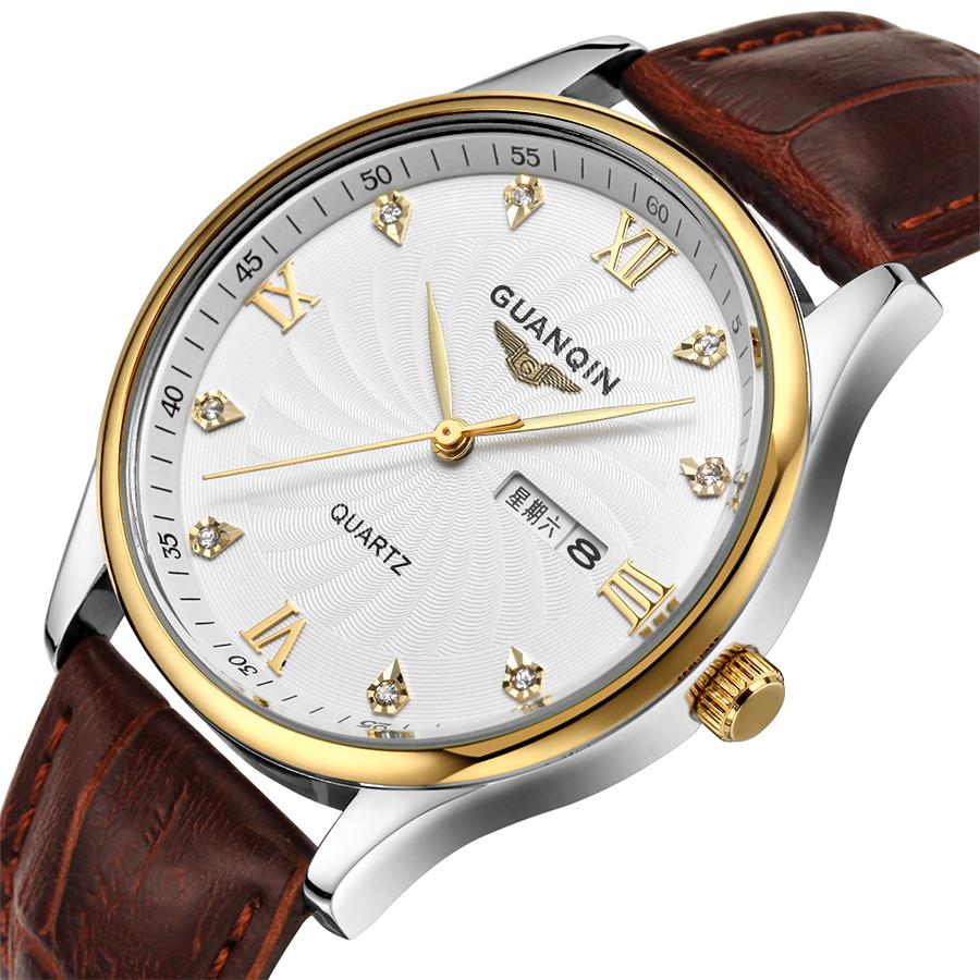 

guanqin waterproof luxury diamond watch business gentleman multifunction stainless steel leather strap men watches dual calendar luminous gi, Slivery;brown
