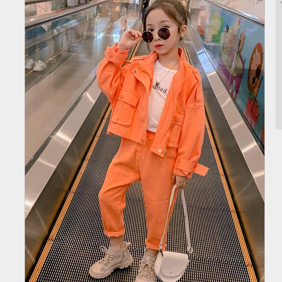 

fashion casual Girls clothes sets 2020 autumn coats+pants 2pcs children pockets suits teenage outerwear 4-14 vetement bebe fille Y1117, Khaki