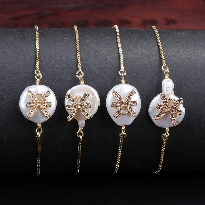 

Charm Bracelets Tiny Gold Cz Crystal Paved Pisces Constellation Freshwater Pearl Bead Dainty Link For Women Birthday Jewelry