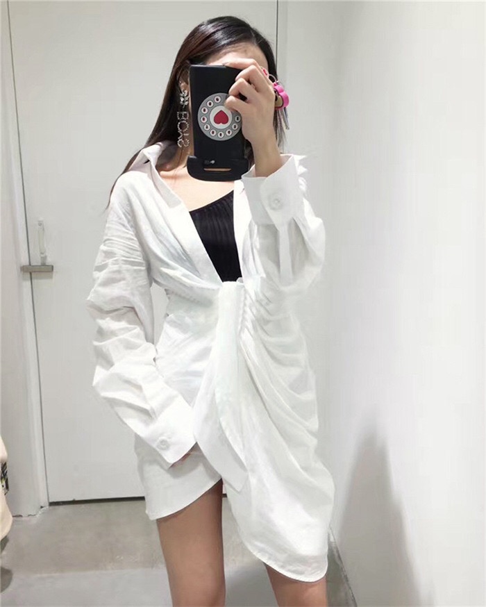 

Harajuka White Color Knik Wrinkle Hem Asymmetrical Mid Long Shirt Women Thin Long sleeve Blouse High Street Cool Girl Tops
