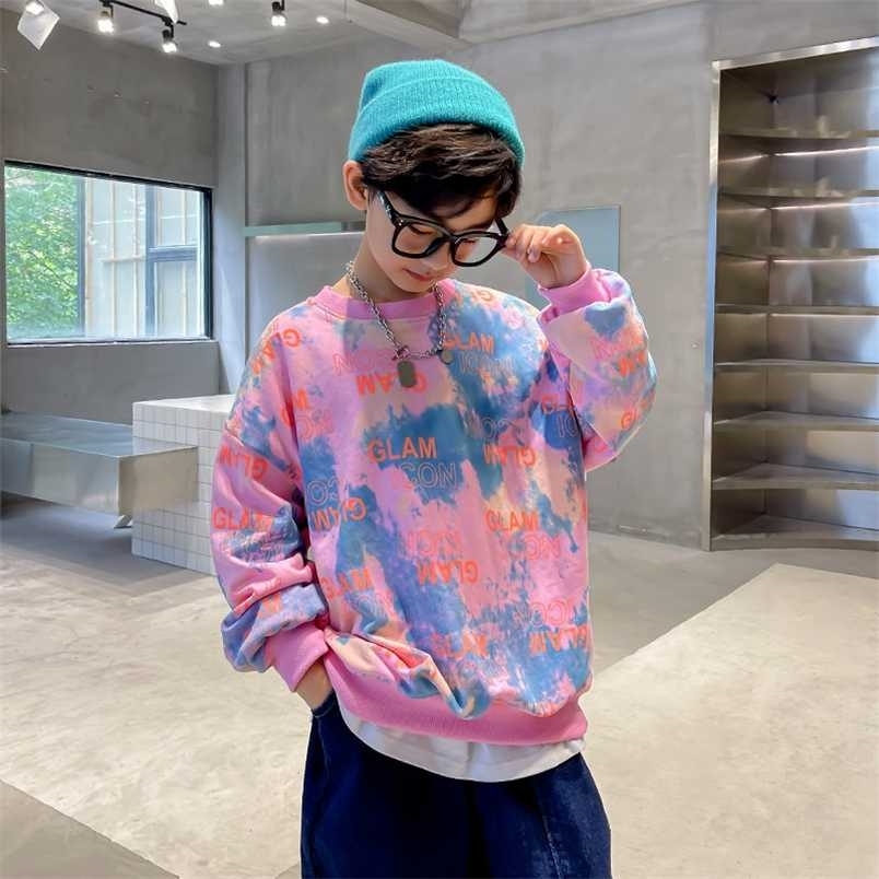 

Kids O-Neck Sweatshirt for Boy Tie-Dye Print Causal Coat For Spring Autumn Children Long Sleeve Cotton T Shirt Age 5-14T 211111, Black