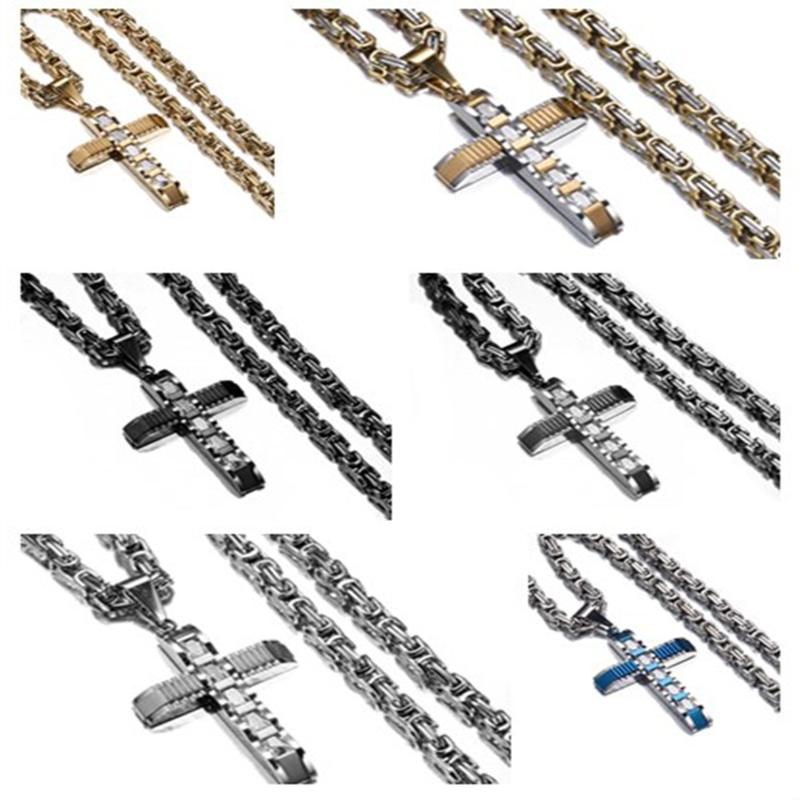 

Pendant Necklaces Fashion Men Women 316L Stainless Steel Jesus Cross With Rhinestone Necklace Jewelry Gift Byzantine Box Chain 20-40inch-