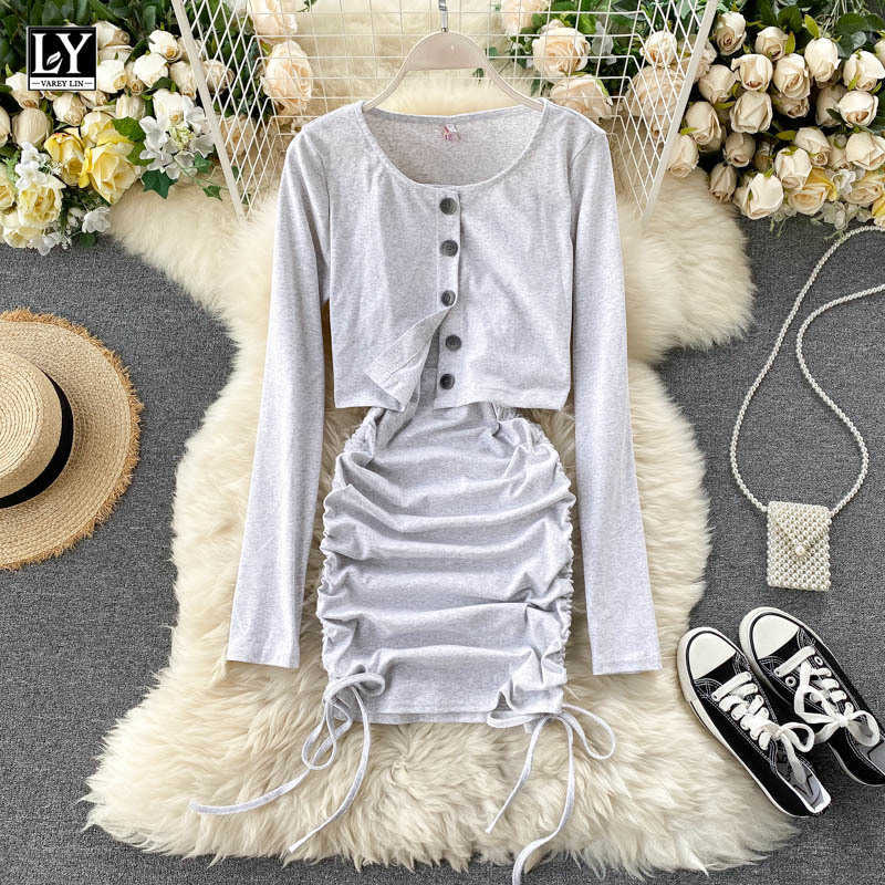 

LY VAREY LIN Autumn Women Long Sleeve Cardigan Two Piece Sets Sexy Hollow Out Spaghetti Strap Dress O Neck Button Tops 210526, Grey
