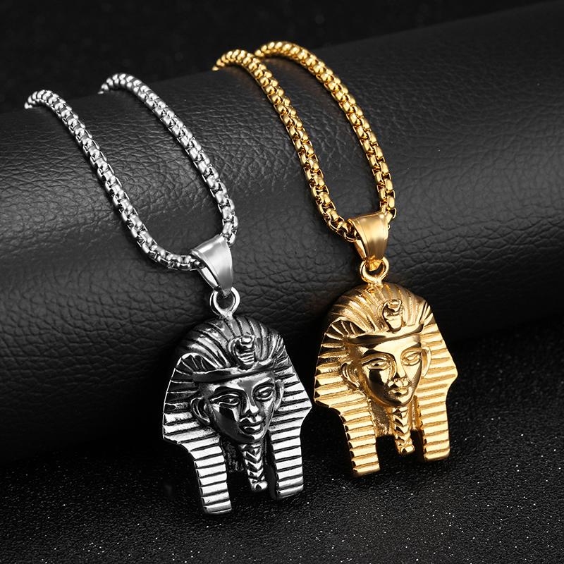 Pendant Necklaces Hip Hop Rock Gold Silver Color Stainless Steel Egyptian Pharaoh Tutankhamun Necklace For Men Jewerly With 24&quot; Chain-image-703087698