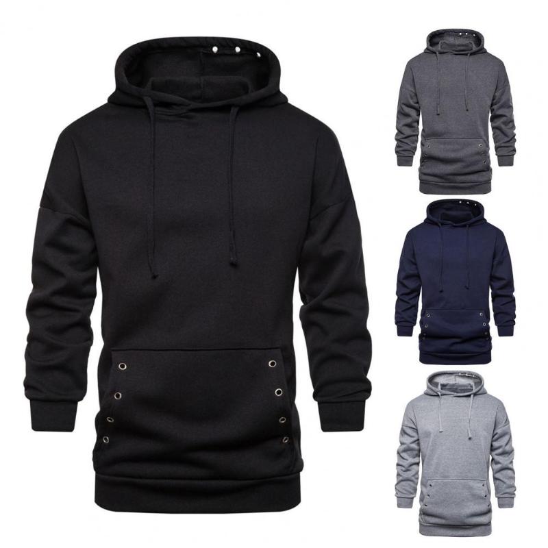 

Men's Hoodies & Sweatshirts Long Hoodie Sweatshirt Front Pocket Drawstring Pullover Sleeve Solid Color Metal Holes Hooded Male Clothes, Black