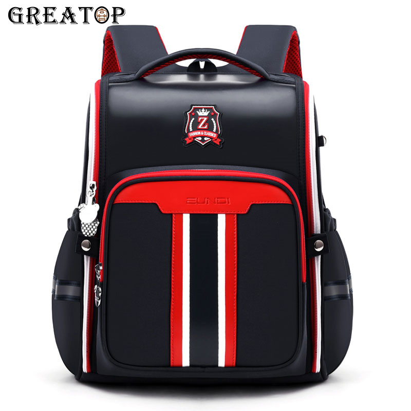 

GREATOP Leather Children Schoolbags Fashion Design All Open Student bags Large Capacity Waterproof Kids School Backpack, Handbag-red