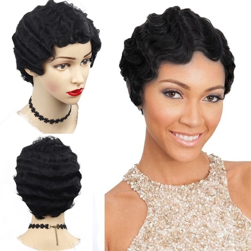 

water Black wavy classic head cover chemical fiber short curly hair