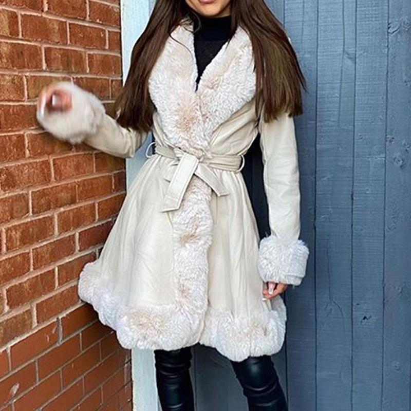 

Women's Leather & Faux Synthetic Fur Long Jacket, Fashion Coat, Side Pocket And Belt,, Black