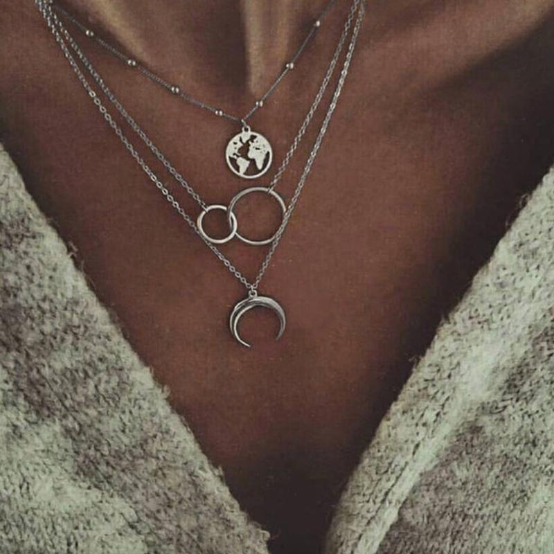 

Pendant Necklaces Stainless Steel Multilayer Circle Necklace Half Moon Map Fashion Personality