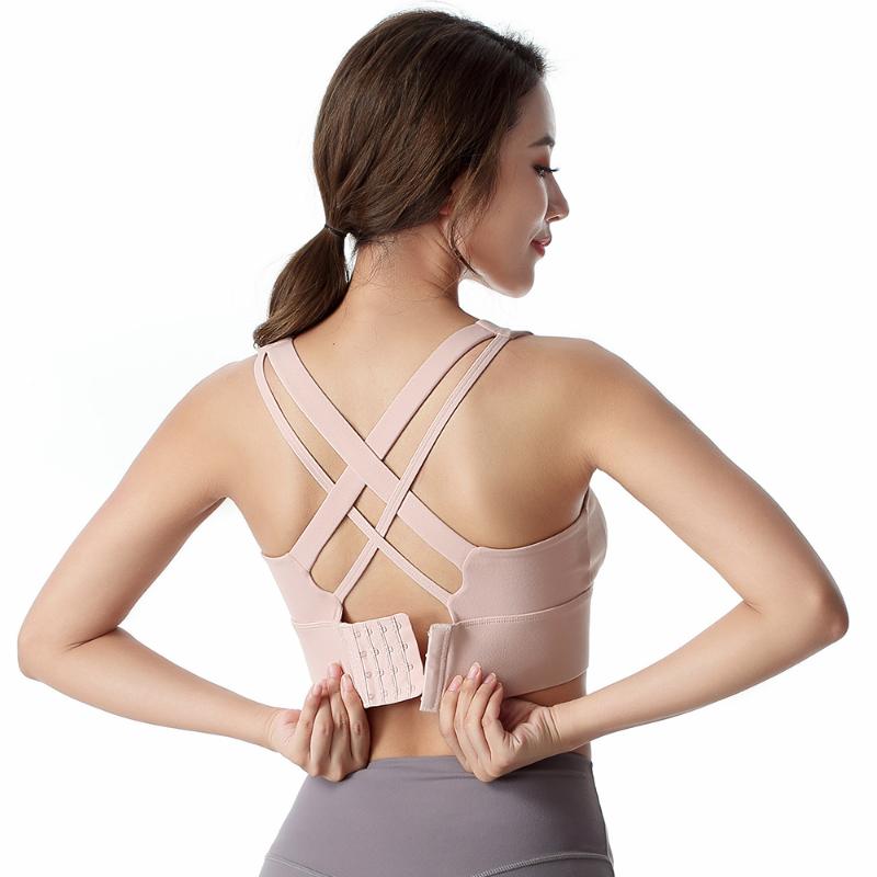 

Fitness Woman High Impact Sport Bra Plus Size XXL Cross Straps Wirefree Adjustable Buckle Nylon Yoga Underwear Gym Workout Bra, 03 black