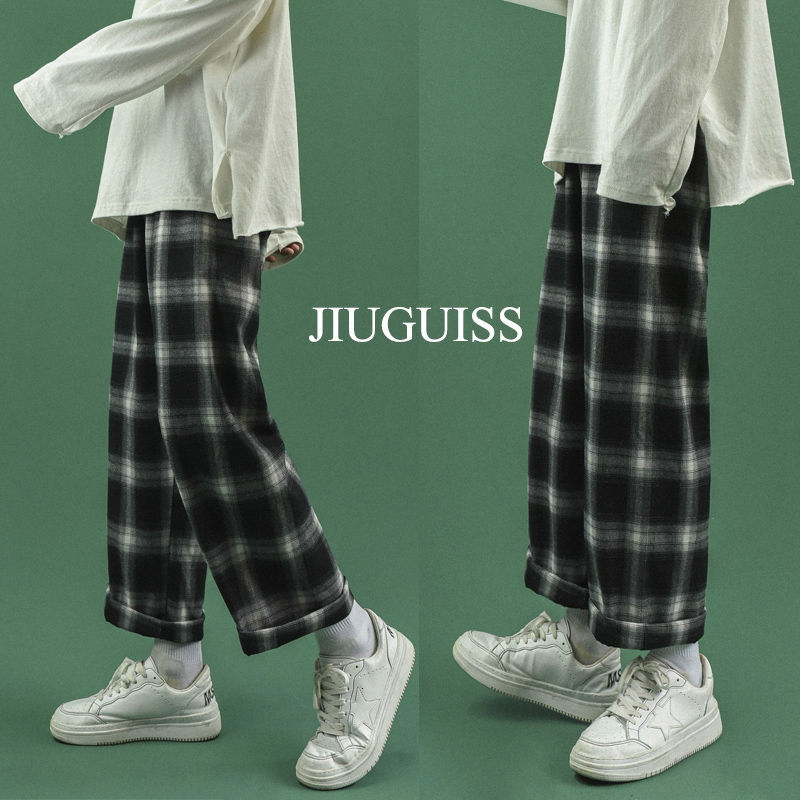 

2021 New Winter Thick Plaid Men's Warm Fashion Retro Casual Men Streetwear Loose Hip-hop Straight Wide-leg Pants Mens S- Erru, Black