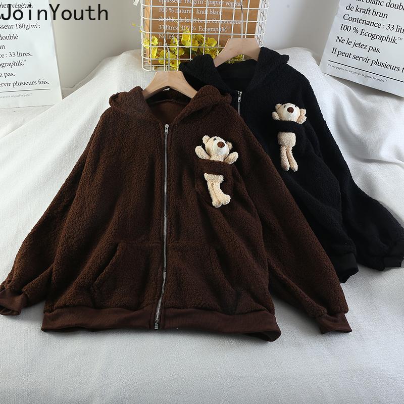 

Women's Jackets Joinyouth Fashion Lambswool Coat Women Preppy Style Loose Casual Oversized Outwear Thicked Hooded Streetwear BF Korean Jacke, Black;brown