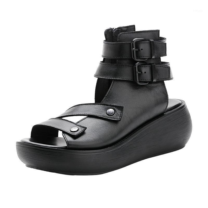 

Platform Wedges Sandals Leather Heel Shoes Strap Round Toe Female Footwear Buckle Summer Black Dress