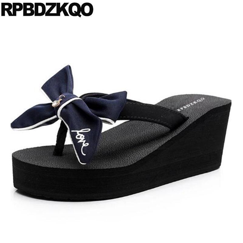 

Slippers Bow Sandals Diamond Wedge High Heel Crystal Designer Shoes Women Luxury 2021 Cute Flip Flop Blue Glass Slides Platform, Black