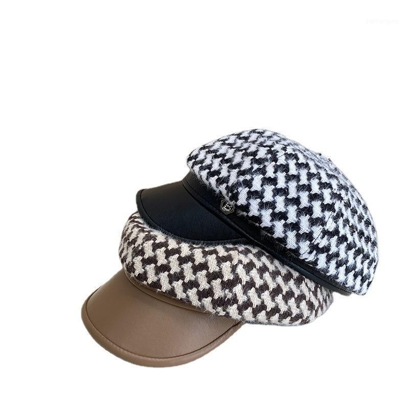 

Berets Autumn Frosted Cotton Thousand Bird Gehai Military Hat Fashion Korean Outdoor Travel Plaid Octagonal Woman, Black