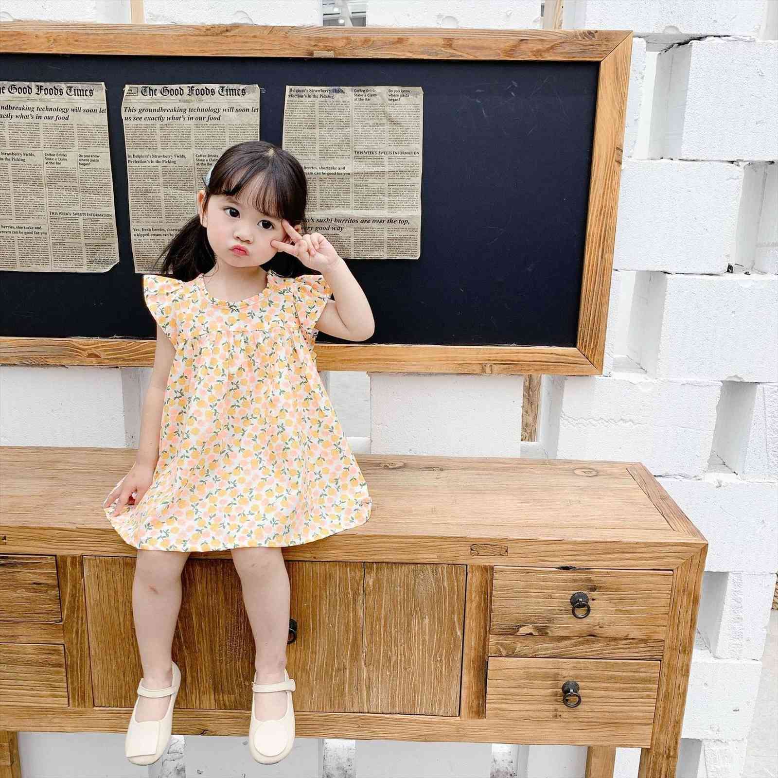 

Korean Style Summer Floral Fly Girl Dresses Sleeve Loose For Girls Cotton Casual Sleeveless Dress, Red;yellow