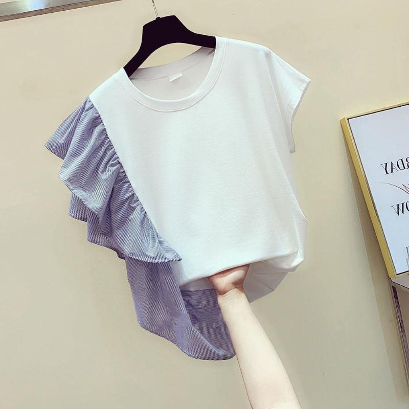 

Women's Blouses & Shirts T-Shirt Striped Irregular Stitching Ruffled Short-sleeved Women Spring And Summer 2021 Korean Version Suit For Girl, White