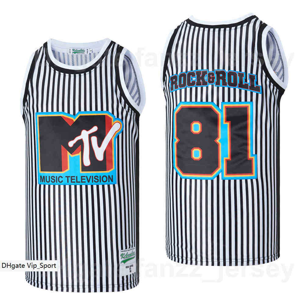 

Movie Basketball Music Television MTV 81 Rock & Roll Jersey Men Hip Hop Black White Pinstripe Team Color HipHop Breathable High School For