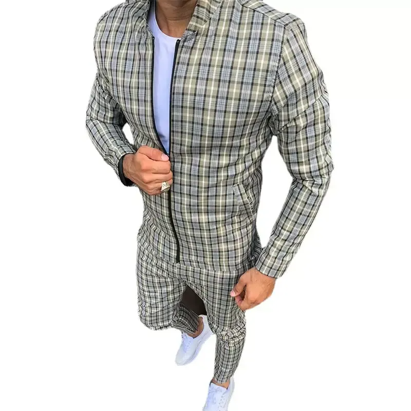 

Fashion Jackets Mens Tracksuits Sets Colorful Plaid Men Casual Zipper Set Autumn Tops Pants Male Sweatshirt Pocket, Gray