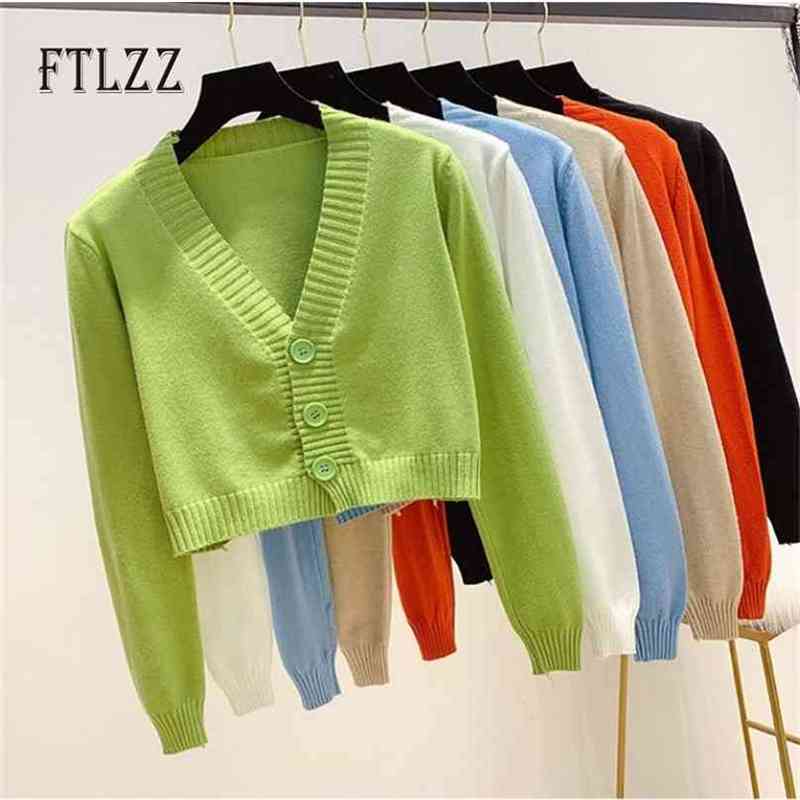 

Spring Autumn Knitted Cardigan Tops Women Sweater Short Coat Ladies Long Sleeve V Neck Korean Black 210525